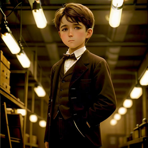 a young boy in a suit and bow tie standing in a room with lights on the ceiling and a shelf of books