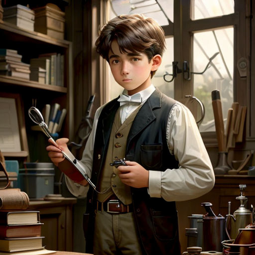 a boy in a library holding a magnifying glass and looking at a book on a table with books