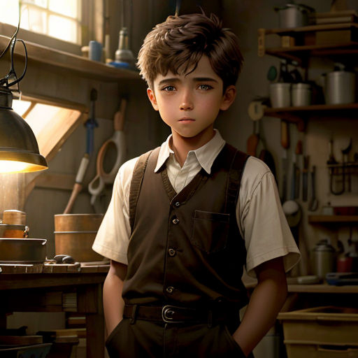 a boy in a brown shirt and a light in a room with a lamp on it and a lamp on the wall