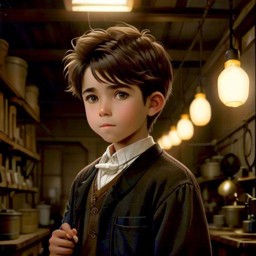 a boy in a library with a light bulb overhead and a book shelf in the background with books on it