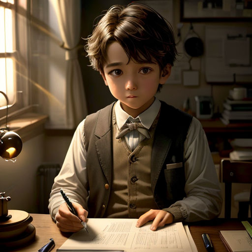 a young boy sitting at a desk writing on a piece of paper with a pen in his hand and a lamp in the background