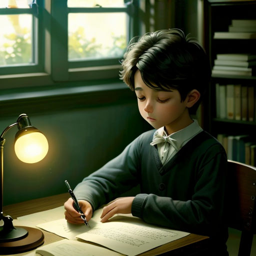 a young boy sitting at a desk writing on a piece of paper with a lamp on top of it