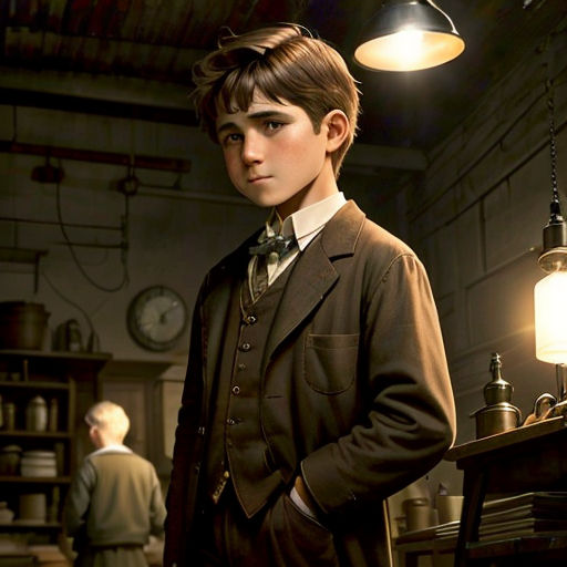 a boy in a suit standing in a room with a clock on the wall and a man in a suit standing behind him