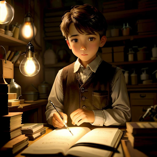 a boy is writing in a book with a light bulb above him and a lamp above him that is lit up