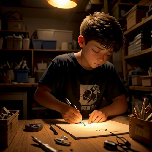 a young boy is writing on a piece of paper with a pen and a light on the table next to him