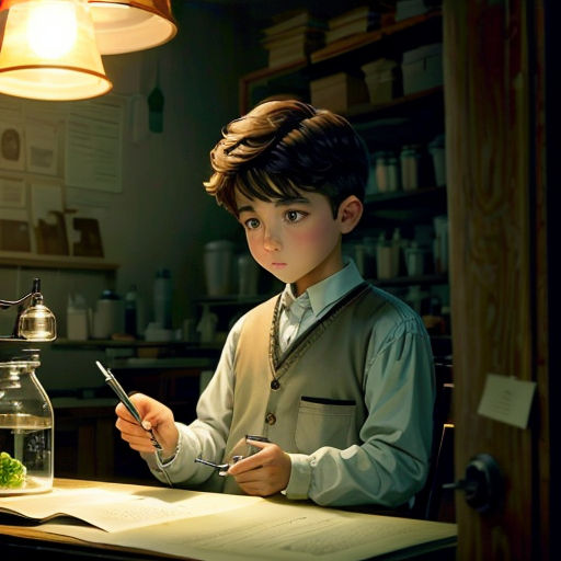 a boy sitting at a table with a lamp and a jar of food in front of him and a cell phone