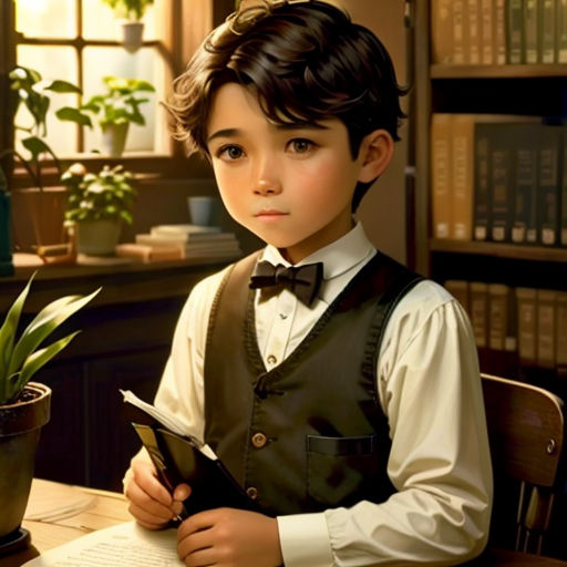 a boy in a suit and bow tie sitting at a desk with a book and a plant in a pot