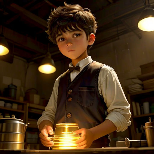 a boy holding a jar in a kitchen with lights on the ceiling and a pot on the counter in front of him