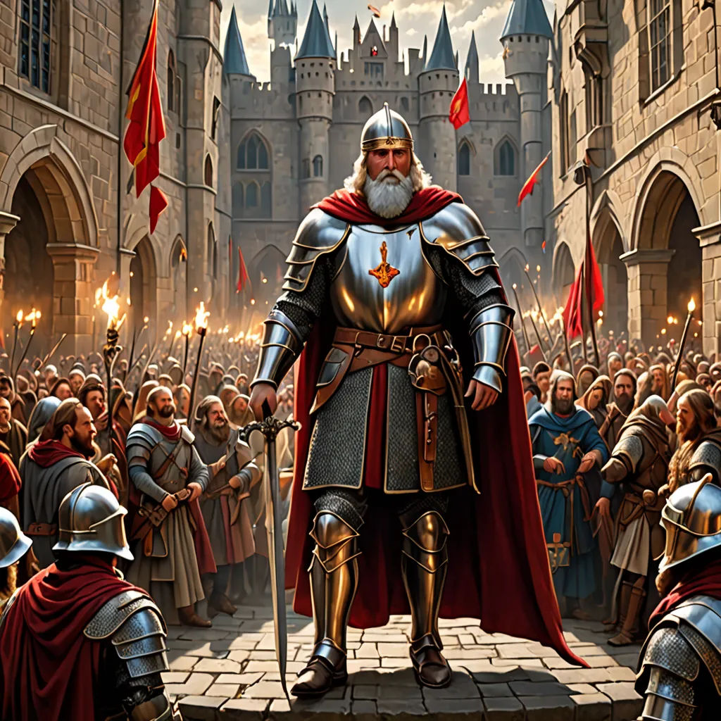 a painting of a man in armor standing in front of a crowd of people with torches in his hand, antipodeans, concept art, Christophe Vacher, medieval