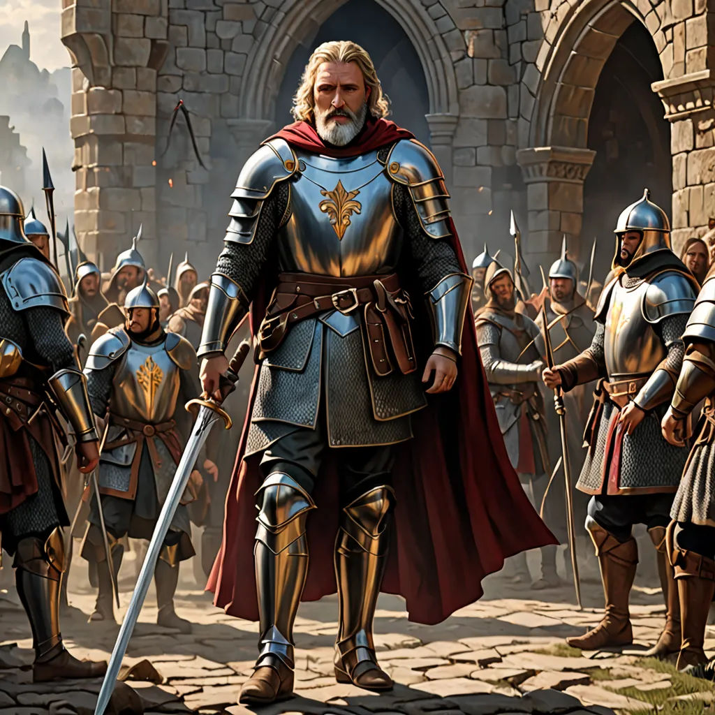 a painting of a man in armor standing in front of a group of men in armor and holding swords, fantasy art, concept art, Christophe Vacher, epic fantasy character art