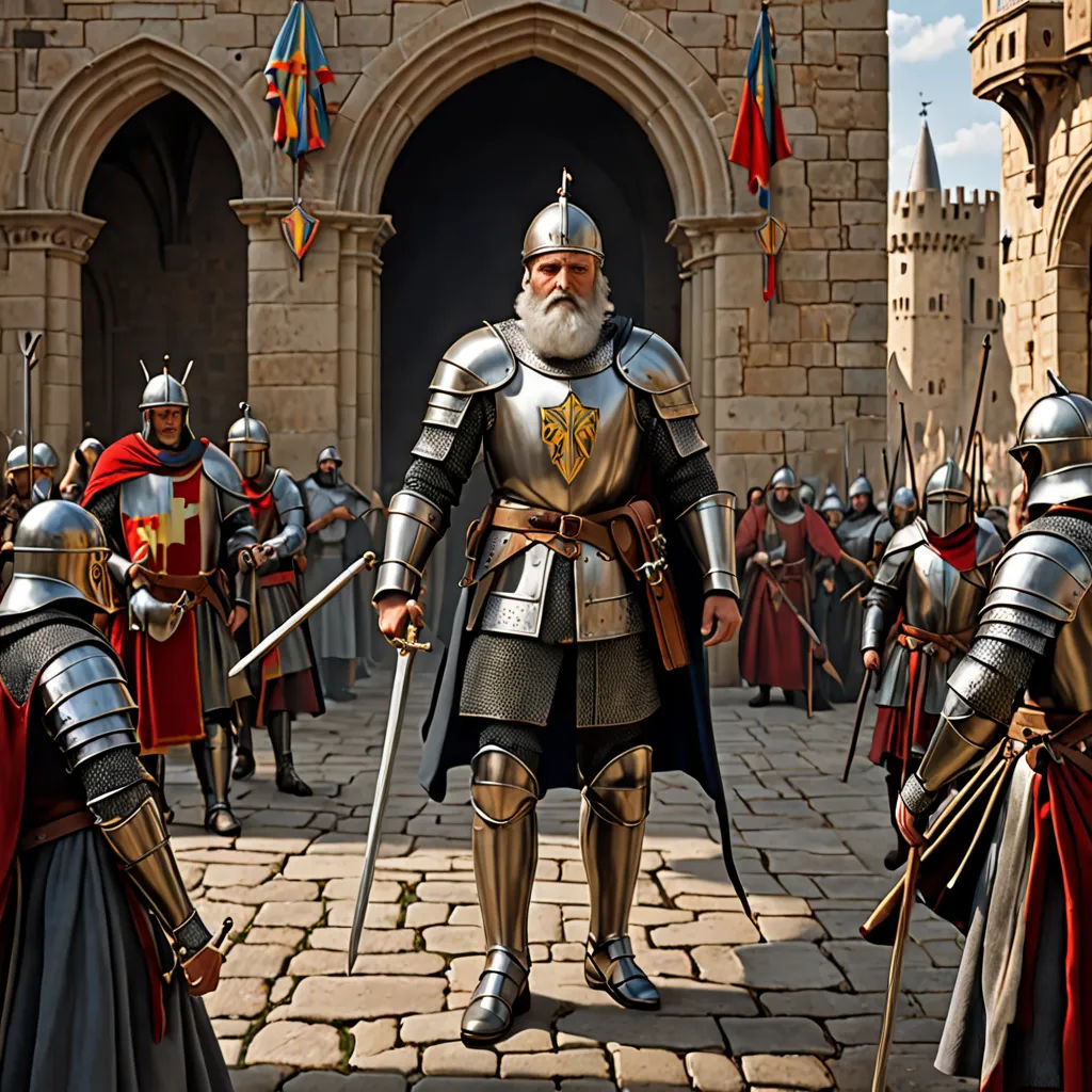a group of men in medieval armor standing on a stone walkway with flags flying in the background and a castle, fantasy art, a detailed matte painting, Christophe Vacher, medieval