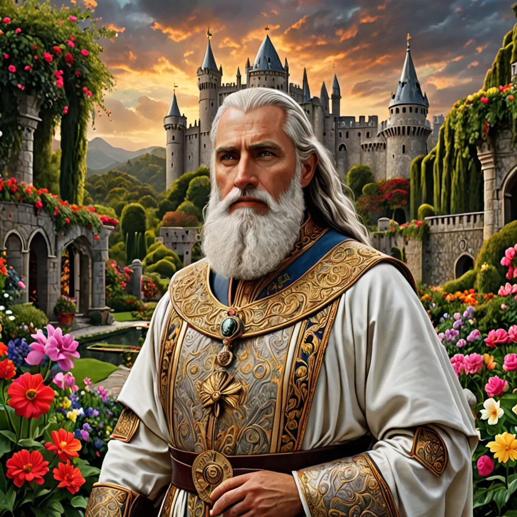 a painting of a man with a beard and a white beard wearing a gold and silver outfit and standing in front of a castle, fantasy art, a character portrait, Christophe Vacher, epic fantasy character art