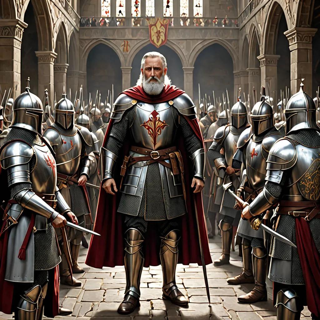 a painting of a man in a suit of armor surrounded by other men in armor and holding swords and standing in a hall, antipodeans, concept art, Christophe Vacher, epic fantasy character art
