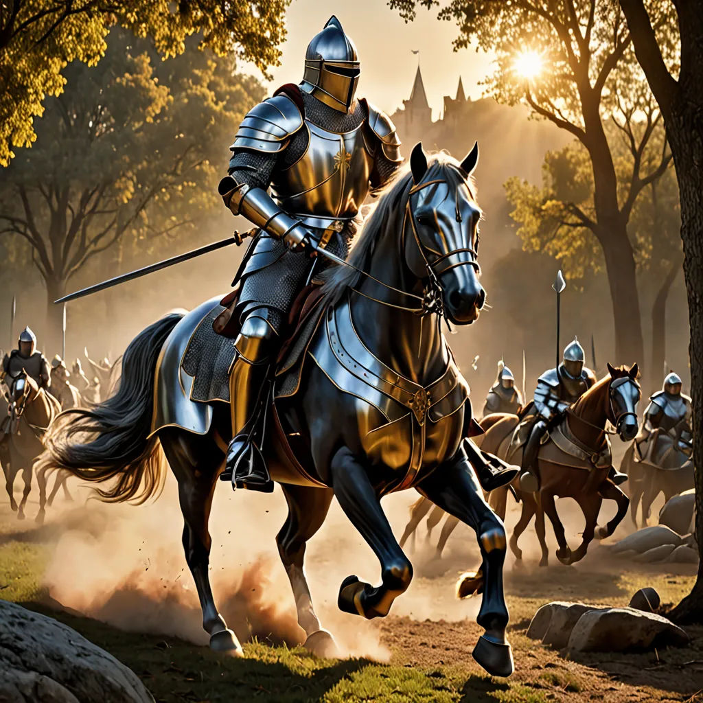 a painting of a knight on a horse with a sword in his hand and a group of men in full armor behind him, fantasy art, computer graphics, Anne Stokes, medieval