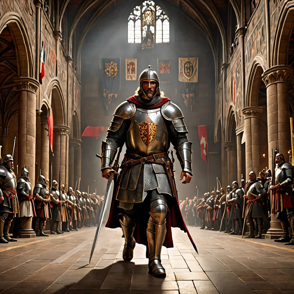 a man in a suit of armor walking down a hall with a sword in his hand and a crowd of people in the background, romanesque, computer graphics, Artur Tarnowski, medieval