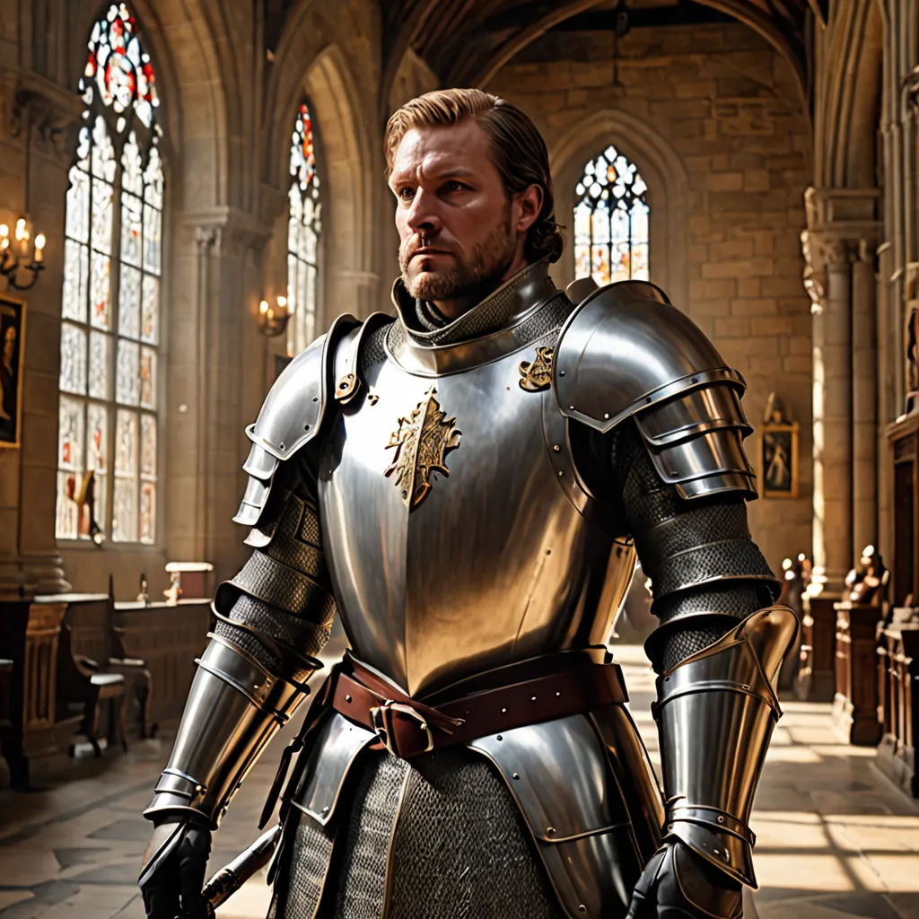 a man in a suit of armor standing in a church with a sword in his hand and a cross on his chest, romanesque, a character portrait, Artur Tarnowski, promotional image
