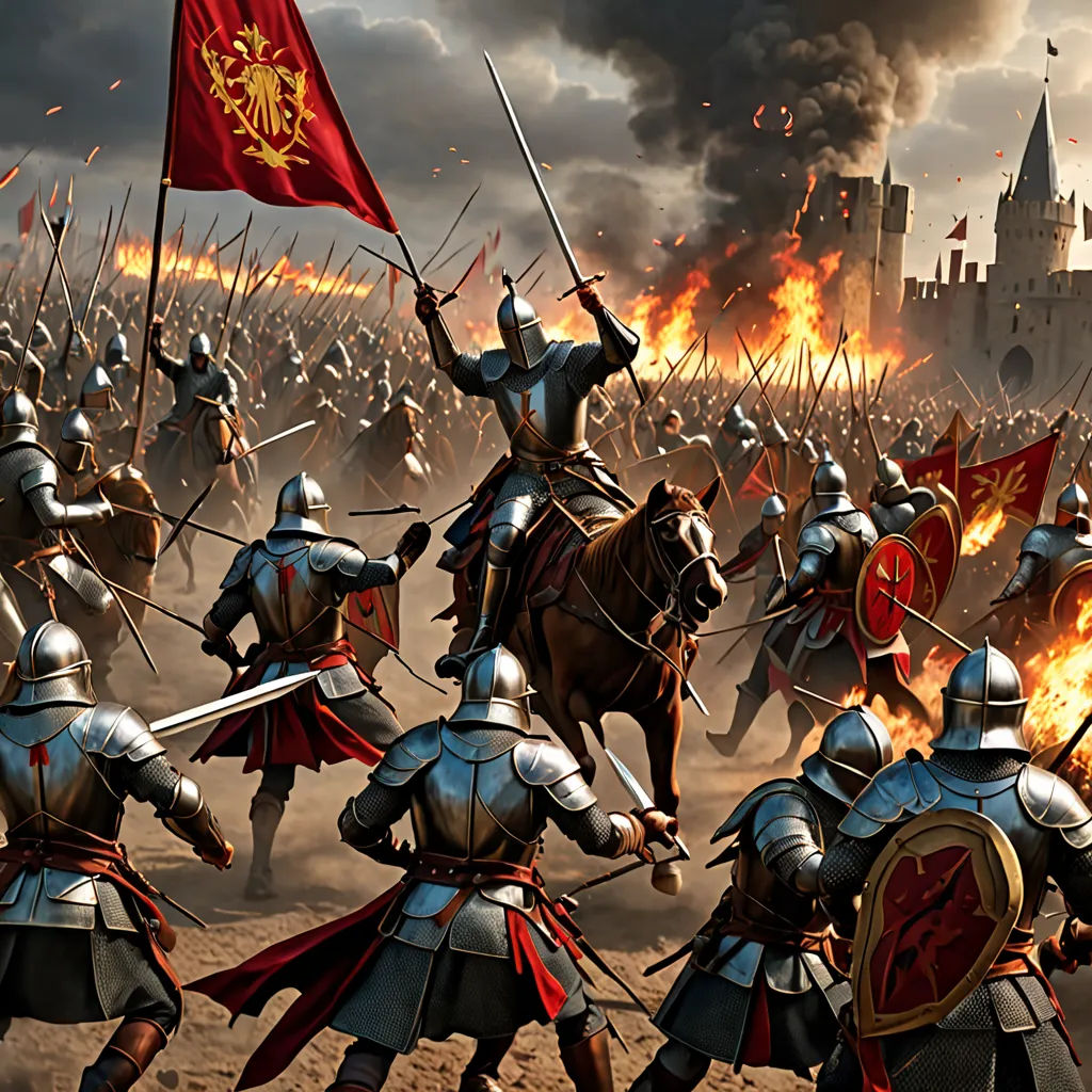 a group of men in armor on horses with a flag in the air and a castle in the background, antipodeans, concept art, Artur Tarnowski, medieval