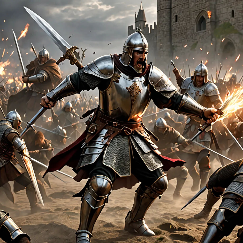 a group of men in armor and helmets fighting with each other in a field of sand and grass with a castle in the background, fantasy art, a detailed matte painting, Artur Tarnowski, medieval