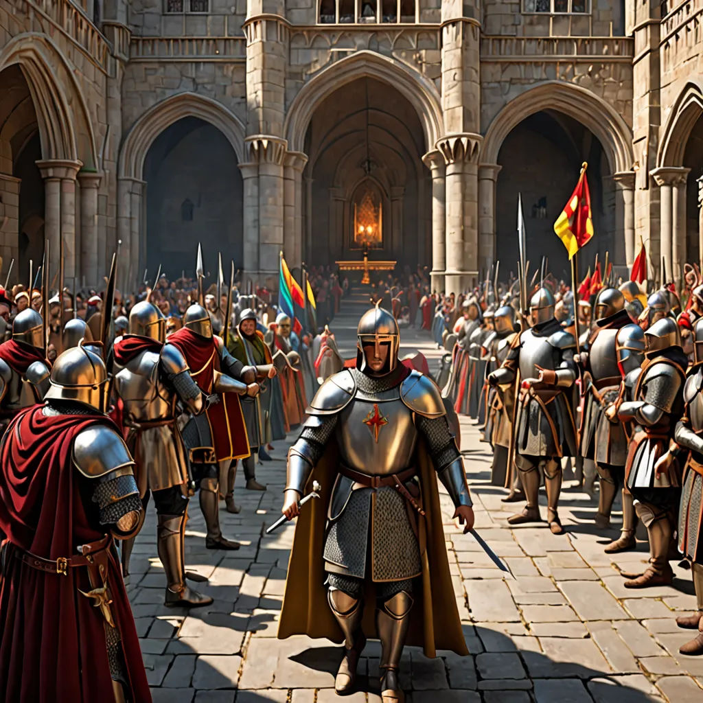 a group of men in armor standing in front of a building with flags and flags on it's sides, antipodeans, computer graphics, Edward Otho Cresap Ord, II, unreal engine highly rendered