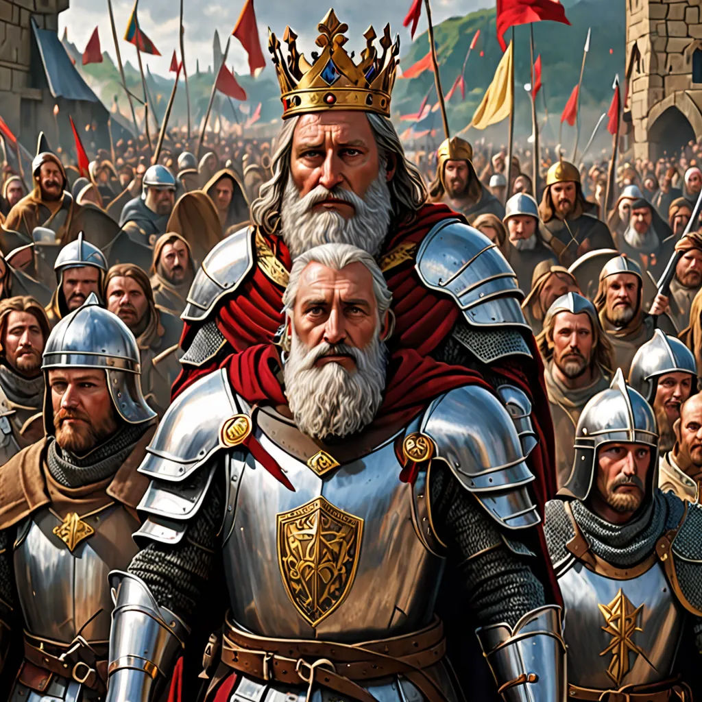 a painting of a group of men in armor with flags in the background and a man in a crown, antipodeans, a detailed painting, Brothers Hildebrandt, highly detailed digital painting