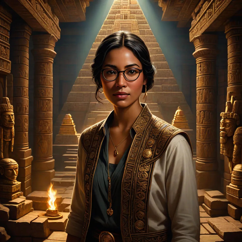 a woman in a temple with a candle in her hand and a pyramid in the background with a light shining on her, a character portrait, Clint Cearley, fantasy art, magic the gathering artwork