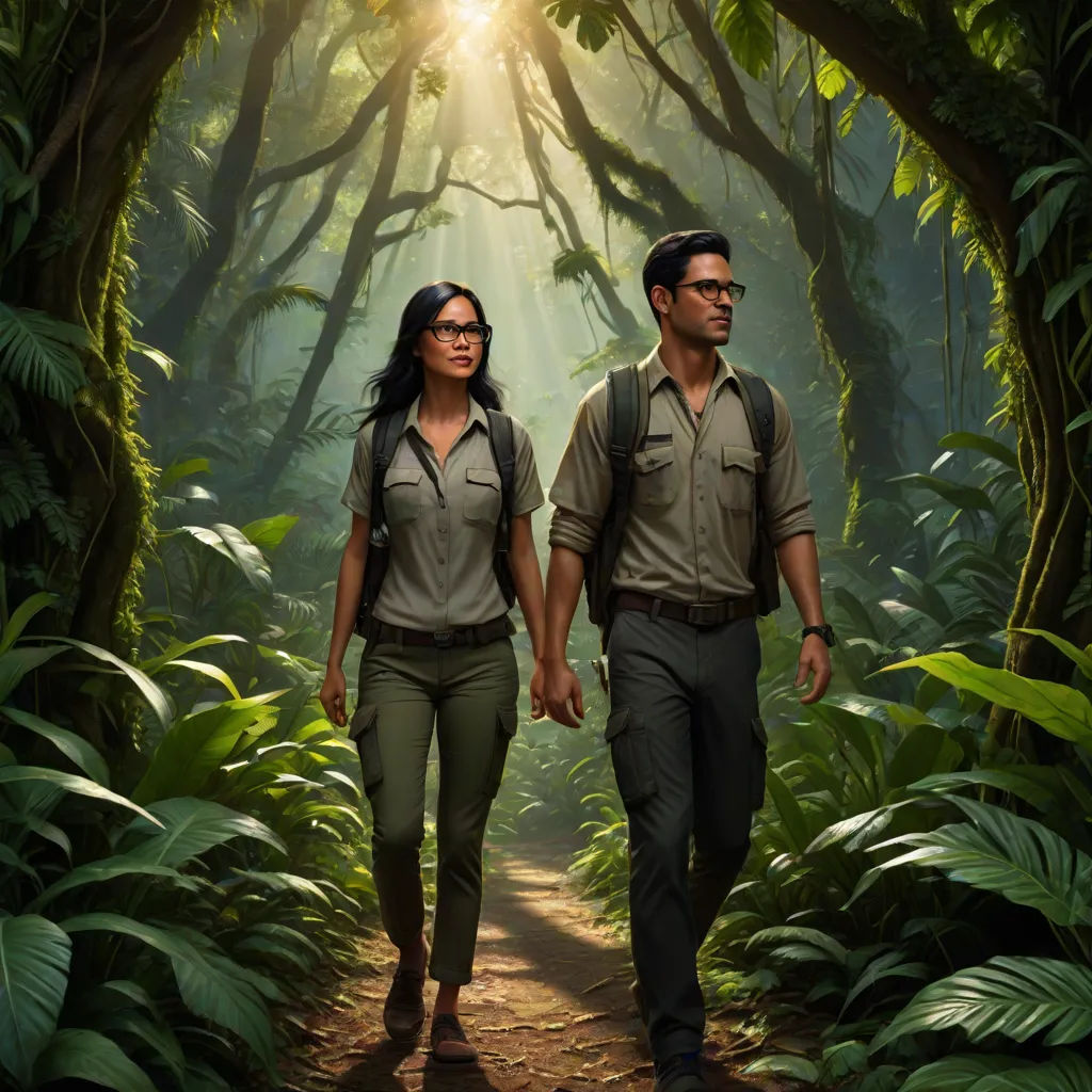a man and a woman walking through a forest with sunlight streaming through the trees and leaves on the ground, poster art, Drew Struzan, serial art, key art