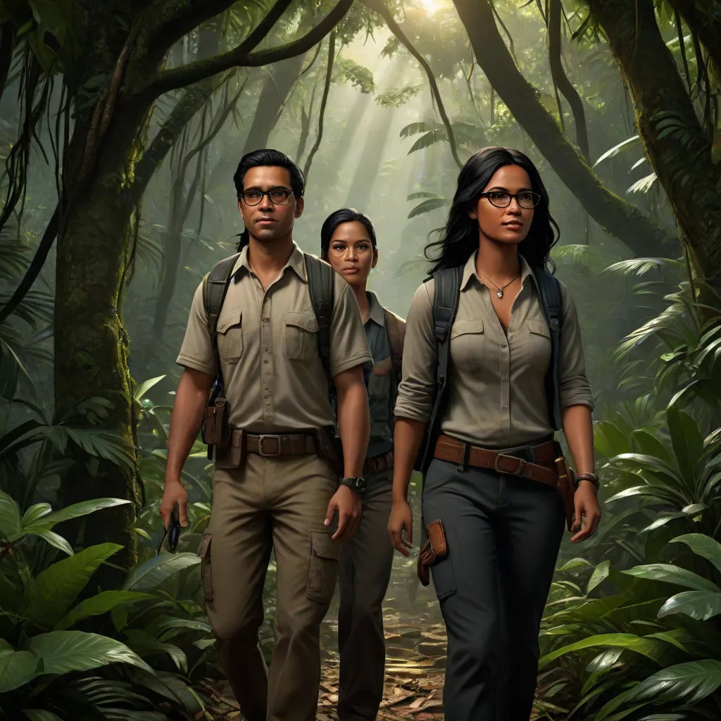 a group of people walking through a jungle with a light shining on them and trees in the background,, concept art, Chris LaBrooy, serial art, key art