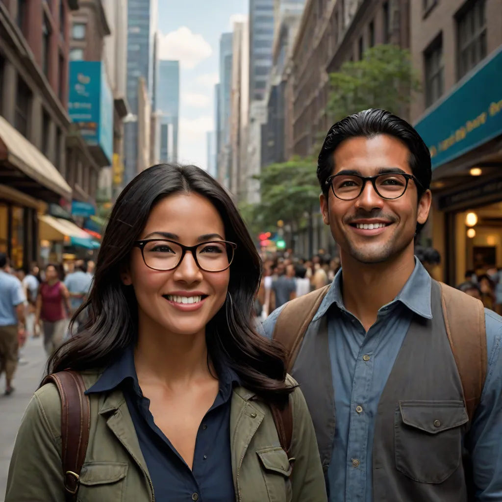 a man and a woman standing in the middle of a street smiling for the camera with a city in the background, a stock photo, Christian Hilfgott Brand, precisionism, zeiss lens