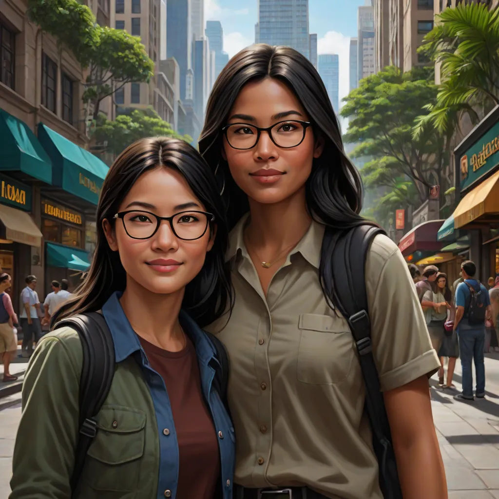 two women standing next to each other on a city street with a cityscape in the background and a man in the foreground, a hyperrealistic painting, Brothers Hildebrandt, american scene painting, ultra realistic illustration