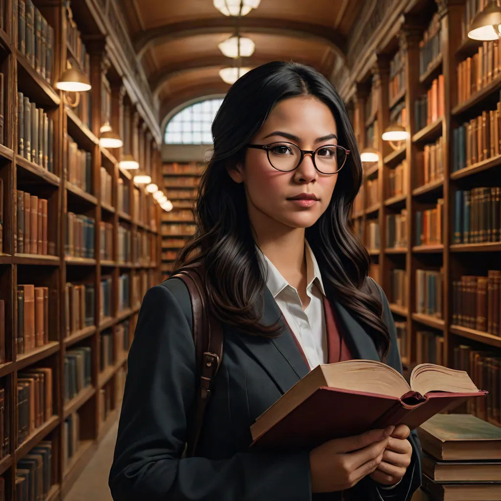 a woman in a library holding a book and looking at the camera with a serious look on her face, a character portrait, Adrian Zingg, academic art, promotional image