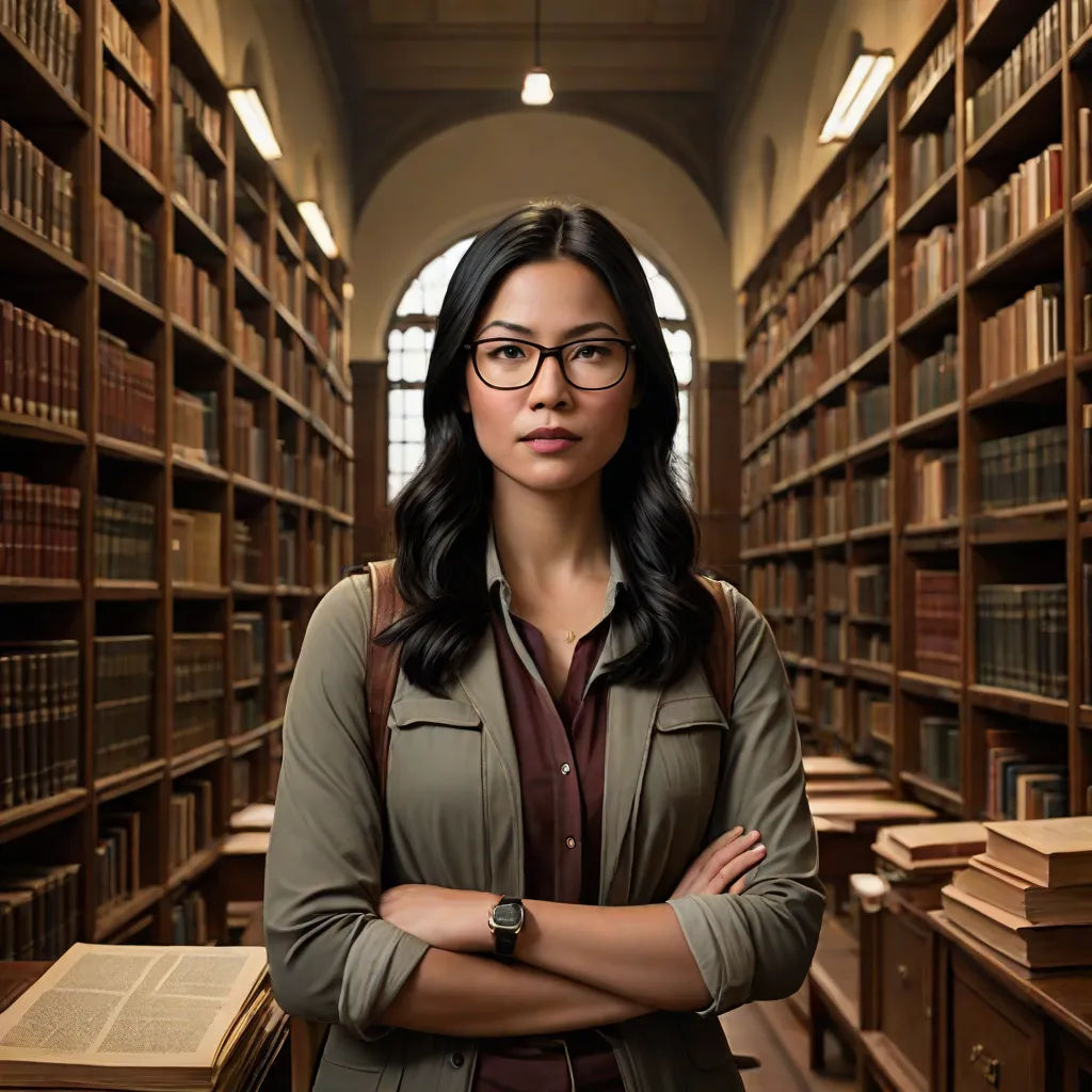 a woman standing in a library with her arms crossed and looking at the camera with a serious look on her face, a character portrait, Altichiero, academic art, promotional image