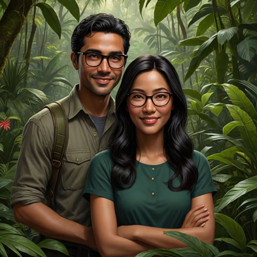 a man and woman standing in a jungle with their arms crossed and smiling at the camera, with a green background, a character portrait, Chris LaBrooy, serial art, promotional image