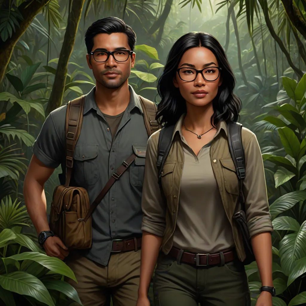 a man and a woman standing in a jungle with a backpack on their shoulders and a backpack on their shoulder, a hyperrealistic painting, Chris LaBrooy, sumatraism, promotional image