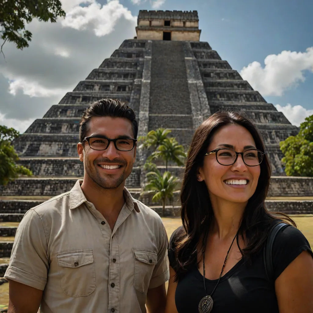 a man and a woman standing in front of a pyramid in mexico, smiling for a picture with a camera, a tilt shift photo, Altichiero, international typographic style, promotional image