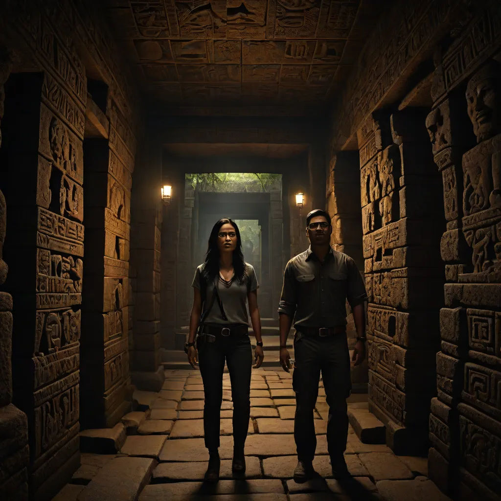 a man and a woman standing in a hallway in a temple with carved walls and columns and a doorway, a detailed matte painting, Dirk Crabeth, international gothic, promotional image