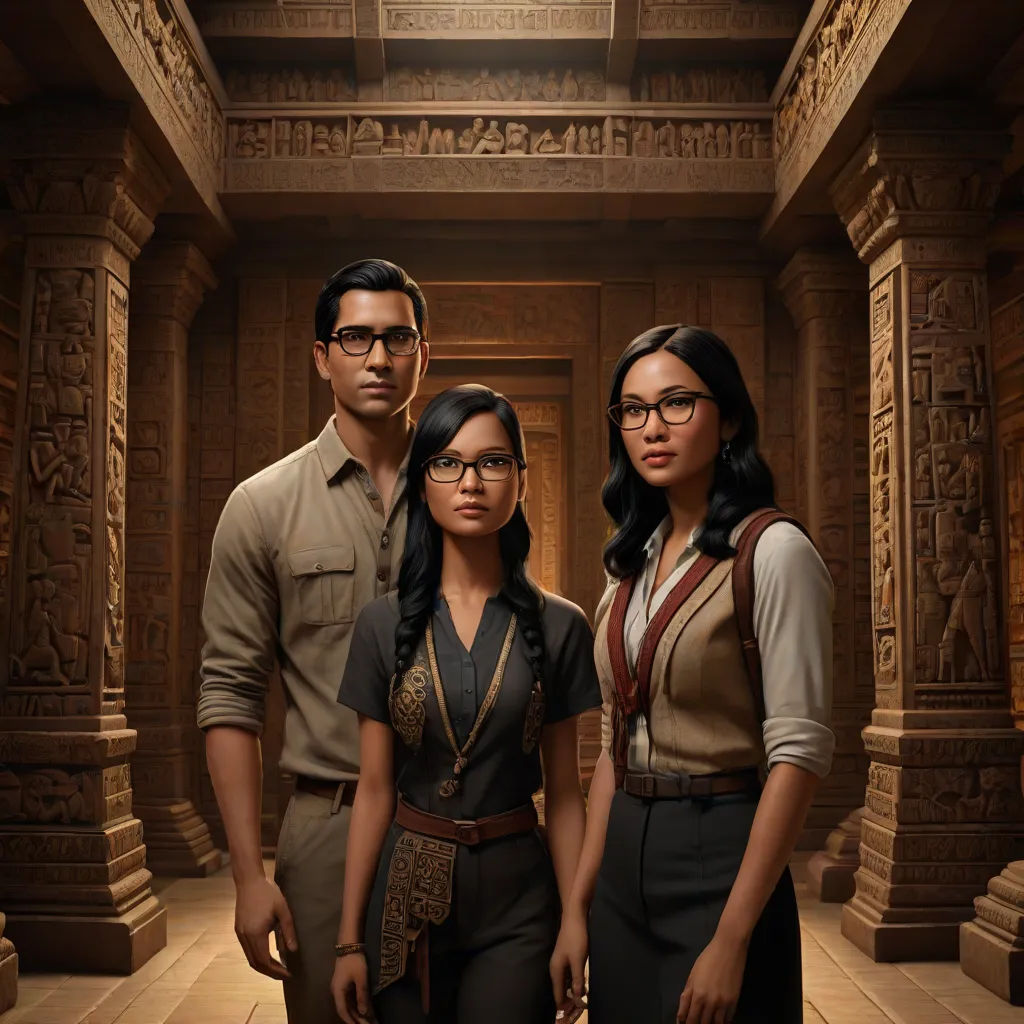 a man and two women standing in a hallway with a doorway in the background and a man in a brown shirt and tie, poster art, Chris LaBrooy, bengal school of art, promotional image