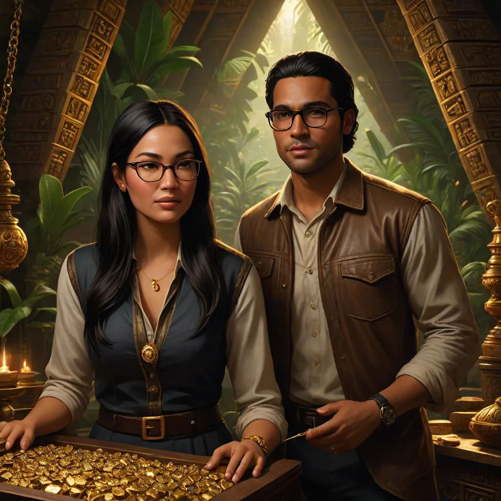 a man and a woman standing in front of a chest of gold coins in a jungle setting with a man holding a tray of gold coins, a character portrait, Chris LaBrooy, fantasy art, key art