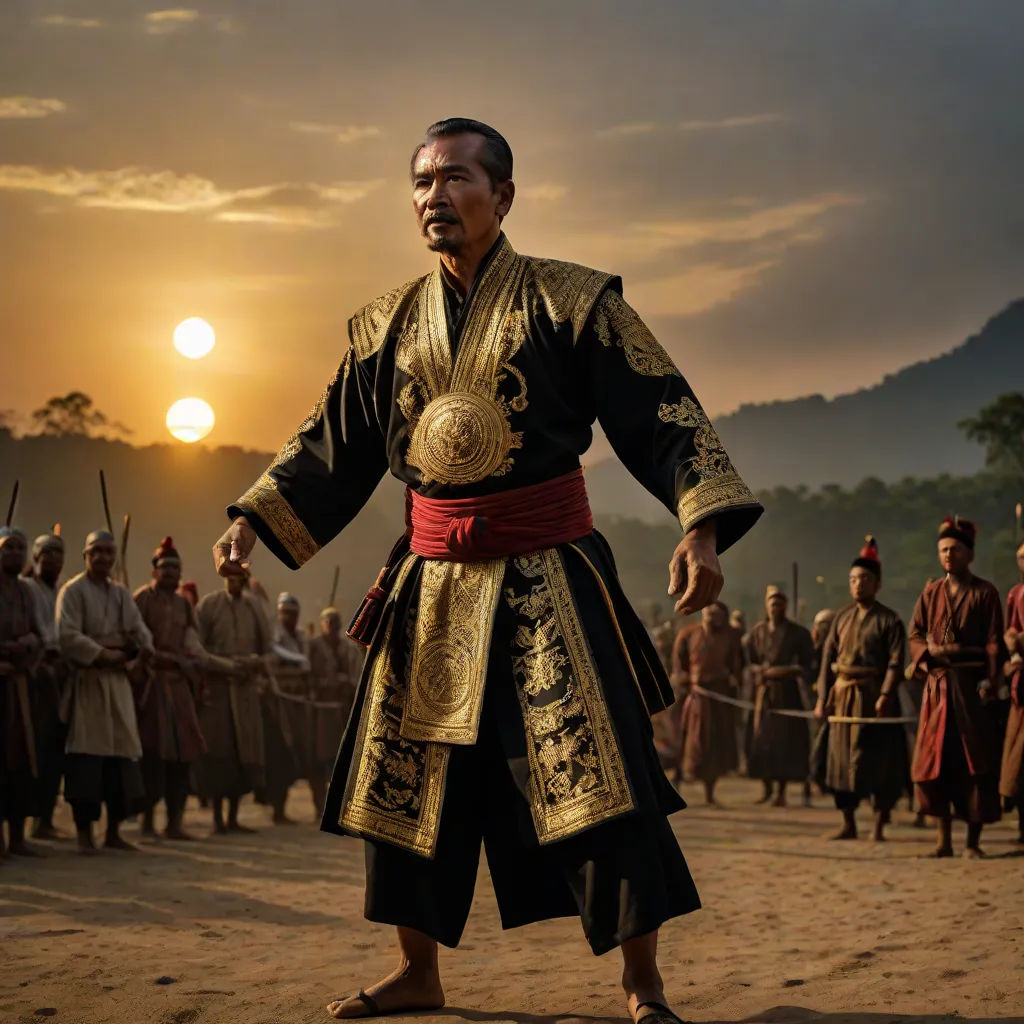a man in a costume standing in front of a group of people in a field at sunset with a sky background, Fang Congyi, sumatraism, a detailed matte painting, vfx