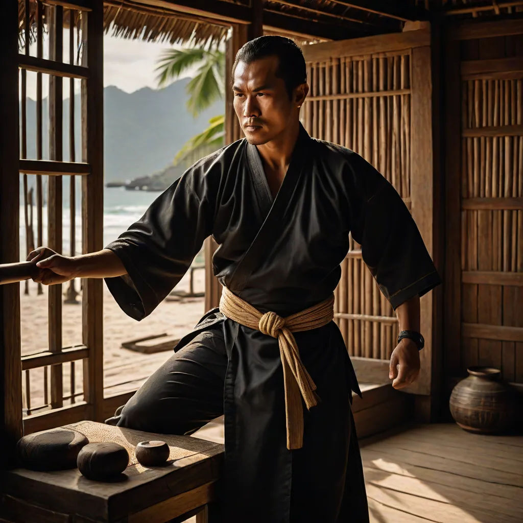 a man in a black robe standing next to a window with a view of the ocean and mountains in the background, Dai Jin, mingei, a character portrait, promotional image