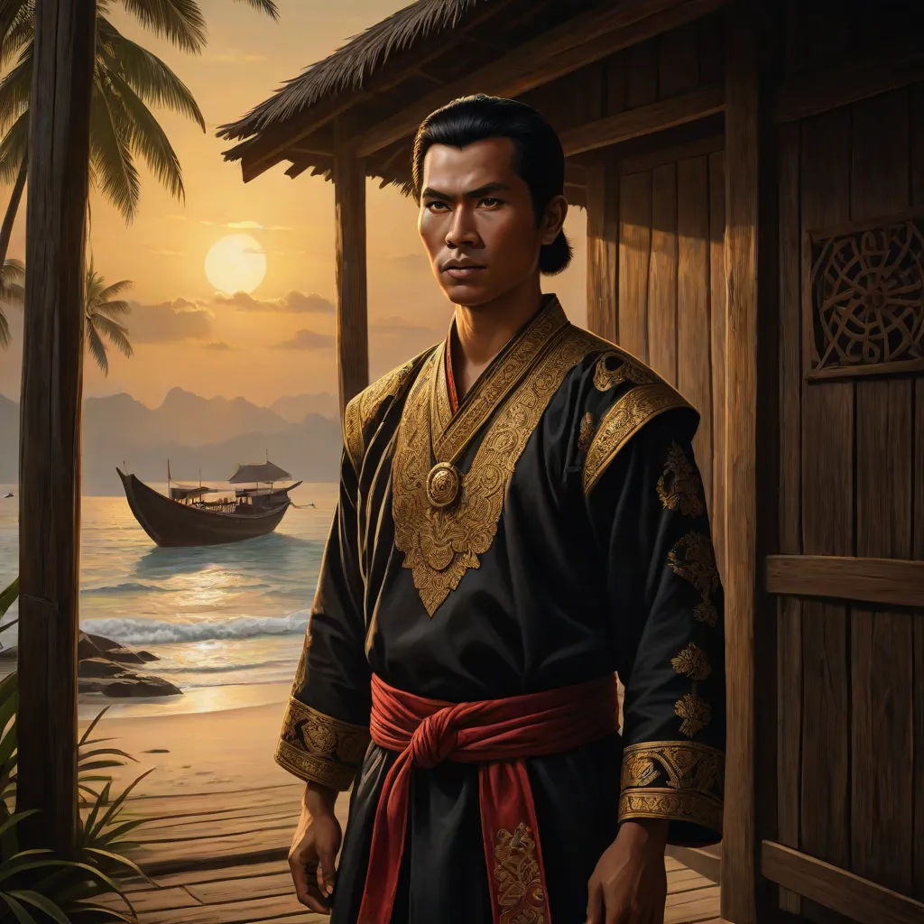 a painting of a man in a traditional chinese costume standing on a dock with a boat in the background, Fang Congyi, altermodern, a character portrait, magic the gathering artwork