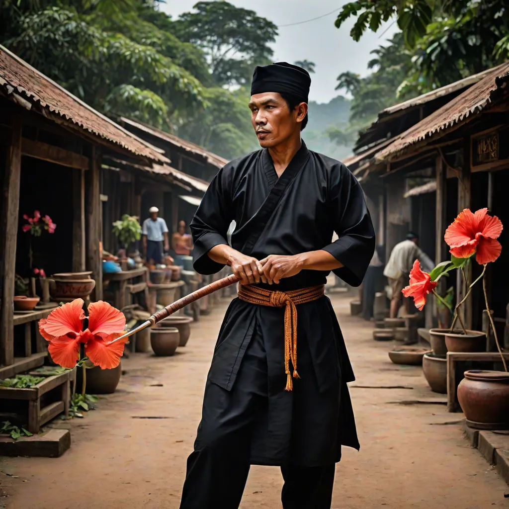 a man in a black outfit holding a stick in a village with red flowers in the background and a man in a black hat, Fang Congyi, sumatraism, a character portrait, phuoc quan