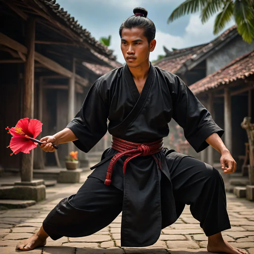 a man in a black kimono holding a red flower in his hand and a red flower in his other hand, Dai Jin, sumatraism, a character portrait, phuoc quan