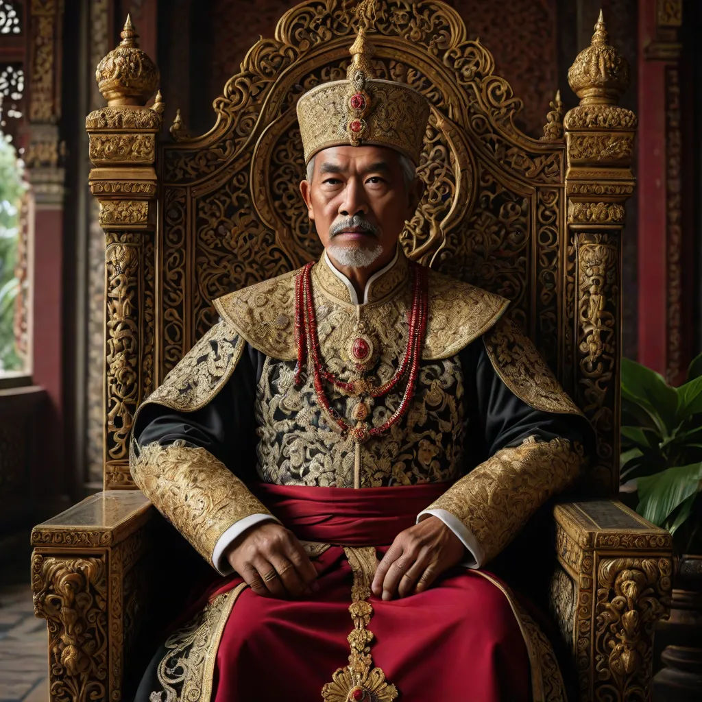 a man in a crown sitting on a throne with a red sash around his neck and a red beaded necklace around his neck, Fang Congyi, sumatraism, a photorealistic painting, vfx