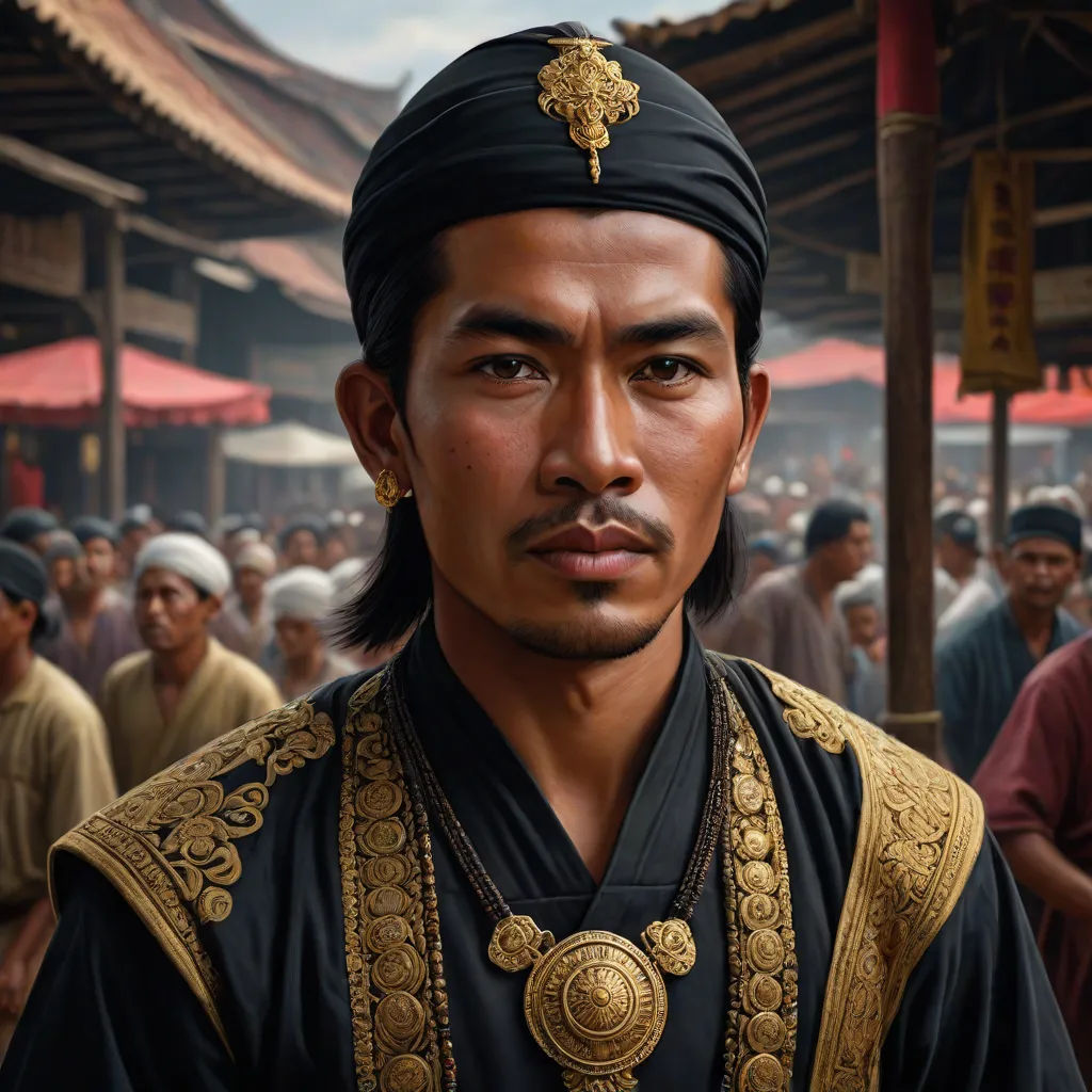 a man in a black and gold outfit standing in front of a crowd of people in a market area, Ding Guanpeng, photorealism, a photorealistic painting, highly detailed digital painting