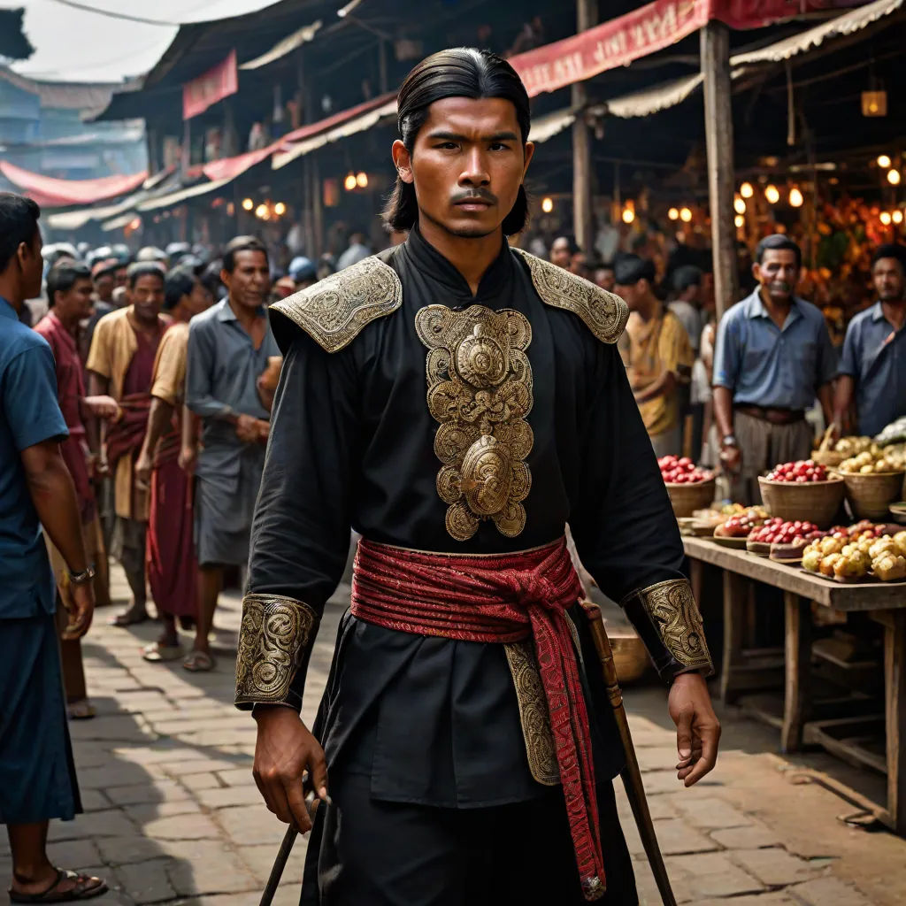 a man in a black and gold outfit is walking down a street with a cane in his hand and a crowd of people in the background, Altoon Sultan, sumatraism, a character portrait, orientalism
