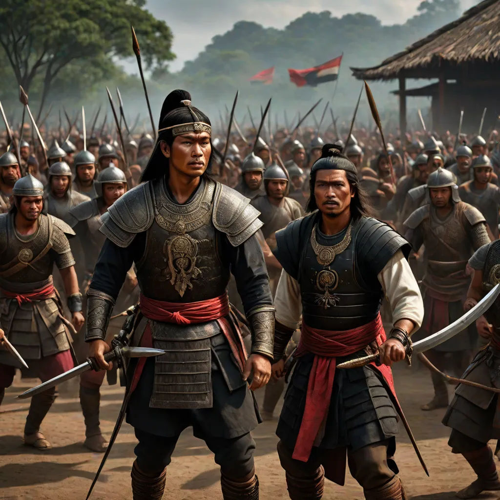 a group of men in armor standing next to each other on a field with trees in the background and a hut in the background, Emperor Huizong of Song, dau-al-set, a detailed matte painting, movie still