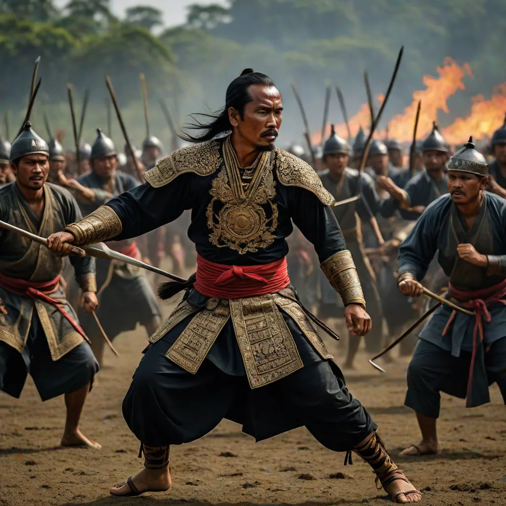 a group of men in costume and weapons in a field with trees in the background and a fire in the distance, Fang Congyi, dau-al-set, a detailed matte painting, movie still