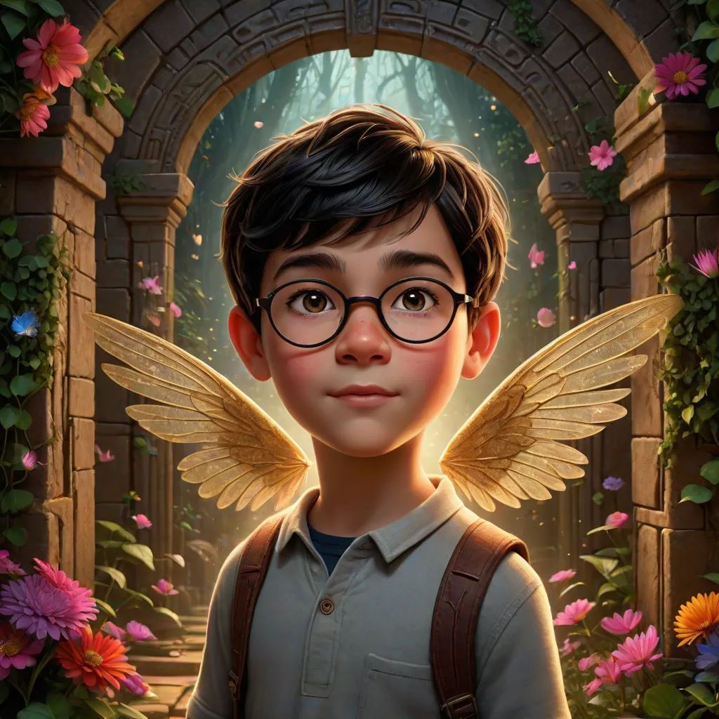 a boy with glasses and a butterfly on his head in front of a doorway with flowers and a butterfly, magical realism, poster art, Cliff Childs, key art