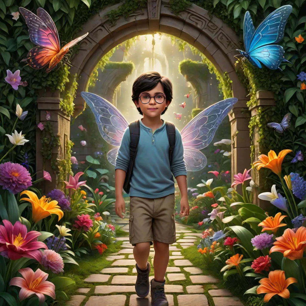 a boy with glasses and a backpack walking through a garden with flowers and butterflies on it, with a butterfly archway in the background, magical realism, poster art, Drew Struzan, promotional image