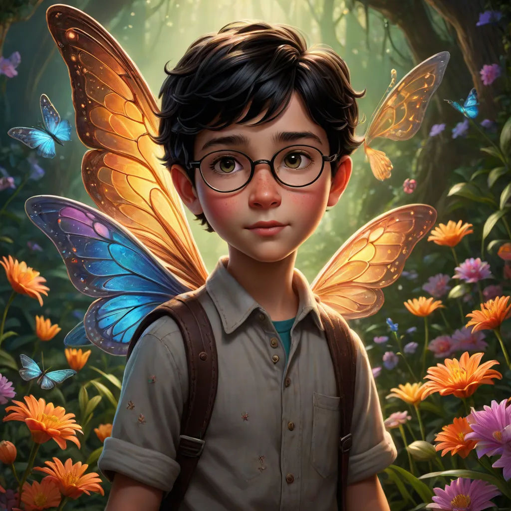 a boy with glasses and a butterfly wings on his head in a field of flowers and daisies with a forest in the background, magic realism, a character portrait, Aaron Jasinski, rossdraws global illumination